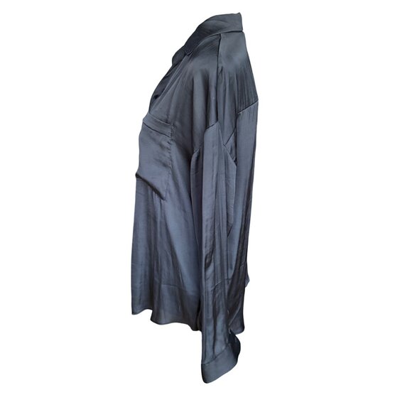 Lush Womens Black Long-Sleeve Silky Blouse With Pockets Button Cuffs & Collared - Picture 3 of 6